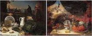 Still Lifes Of Tables Laden With
Vegetables, Porcelain, Silver And Glassware, With Maidservants
Preparing Food, Landscape Views Beyond by Pierre-Louis-Joseph de Coninck