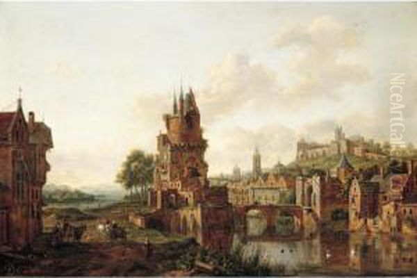 A View Of A Town By A River With Peasants And Travellers On A Path In The Foreground - view 1