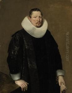 Portrait Of A Gentleman, 
Three-quater-length, In A Black Coat With A White Ruff, Holding Gloves, 
Beside A Table