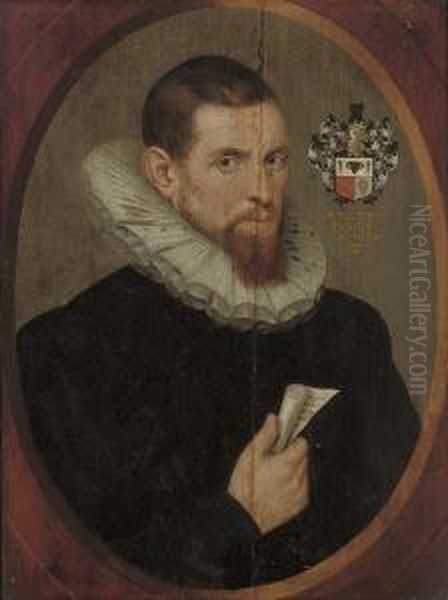 Portrait Of A Gentleman,
Half-length, In A Black Doublet And Ruff, With A Scroll In His Right
Hand - view 1