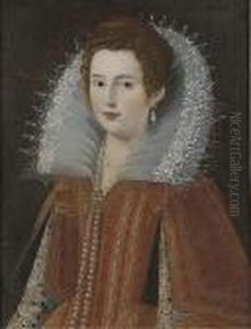 Portrait Of A Lady, 
Quarter-length, In A Red Dress With Embrioderedsleaves, A Pearl Necklace
 And A Lace Ruff