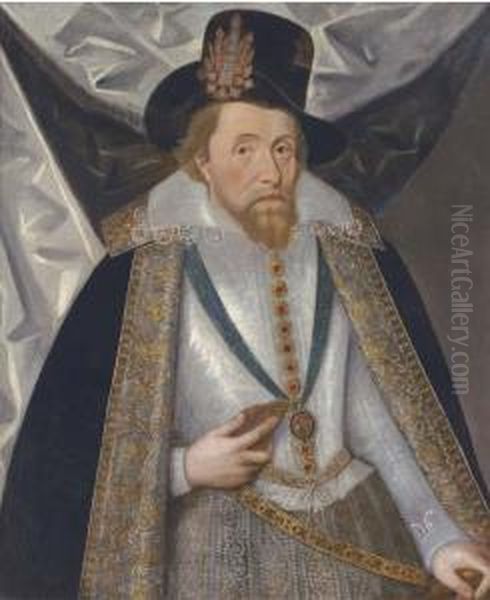 Portrait Of King James I, 
Half-length, Wearing A White Doublet, Ablack Hat And A Lined Black Cloak - view 1