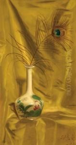 Peacock Feather In A Vase by De Scott Evans