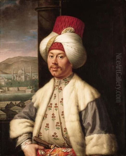 Portrait Of A Gentleman,
Half-length, In Ottoman Dress, With A Jewelled Dagger In His Belt,
Standing By A Window, A Palace Beyond - view 1