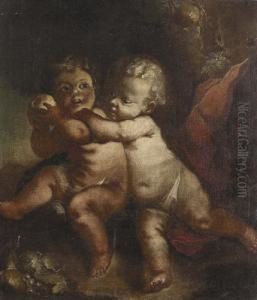 Zwei Bacchantenknaben Ringen Um Einen Apfel. by Gregorio de Ferrari