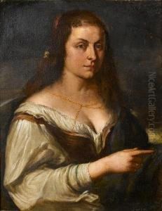 Portrait Of A Young Woman, 
Half-length, With Aflower In Her Hair, A Brown Waistcoat, A White 
Chemise And A Bluewrap by Orazio De Ferrari