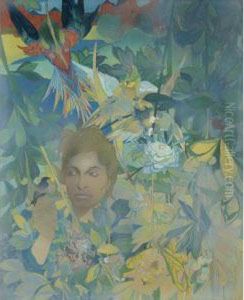 Visage De Femme Sur Fond De Vegetation Luxuriante Et D'oiseaux Fantastiques by Georges de Feure