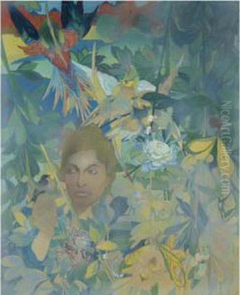 Visage De Femme Sur Fond De Vegetation Luxuriante Et D'oiseauxfantastiques - view 1
