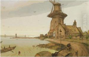 A Windmill In A Dutch River Landscape by Georges de Feure