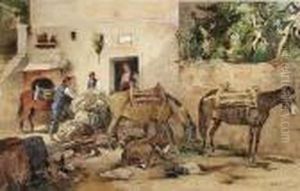Pack Animals With Their Owners In Front Of A Tavern by Mariano De Franceschi