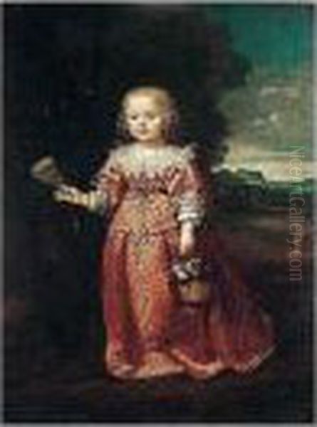 Portrait Of Young Girl,
Full-length, Wearing A Red Dress, Holding A Fan And A Basket Of Flowers - view 1