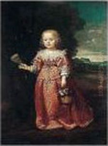 Portrait Of Young Girl,
Full-length, Wearing A Red Dress, Holding A Fan And A Basket Of Flowers by Wybrand Simonsz. de Geest