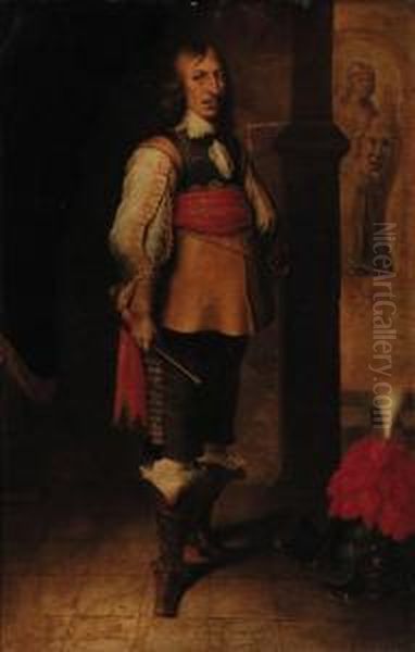 Portrait Of An Officer, Standing
Small-full-length, In A Buffjekin, Breast Plate And A Red Embroidered
Sash, Holding A Baton, Aplumed Helmet At His Feet - view 1