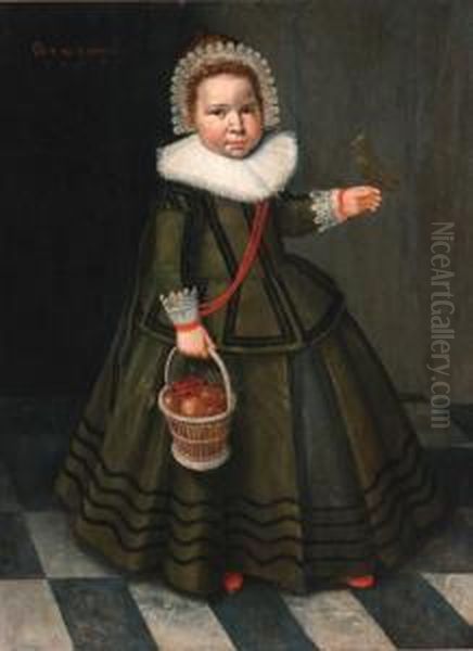 Portrait Of A Young Girl,
Standing Full-length, In A Grey Dresswith A Ruff And A Lace Headdress,
Holding A Basket Of Fruit With Abird Perched On Her Hand - view 1