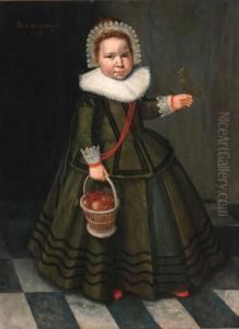 Portrait Of A Young Girl, 
Standing Full-length, In A Grey Dresswith A Ruff And A Lace Headdress, 
Holding A Basket Of Fruit With Abird Perched On Her Hand
