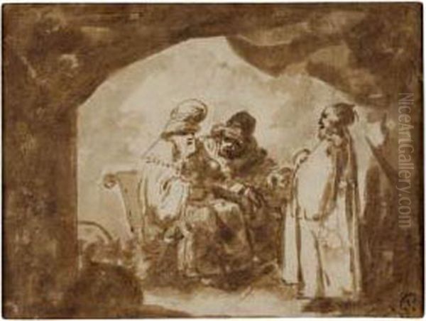 A Man Consulting A Ruler With An Attendant - view 1