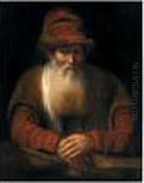 Portrait Of An Old Bearded Man,
Half-length, Wearing A Red Hat And A Brown Coat, Resting On A Ledge - view 1