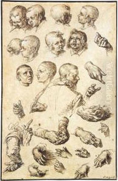 Sheet Of Studies Of Heads, Arms, Hands And A Youth Seen From Behind - view 1