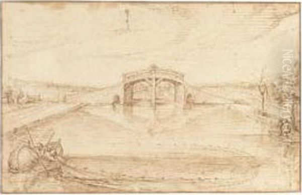River View With Fisherman Hauling In A Net, And A Man On A Bridge Behind - view 1