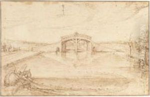 River View With Fisherman Hauling In A Net, And A Man On A Bridge Behind by Andries Jacobsz. Stock