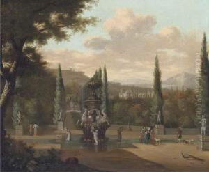 Elegant Figures Walking In The Garden Of A Palace by Josua de Grave