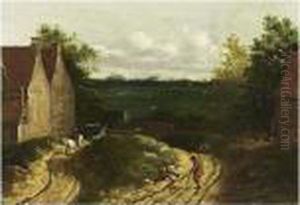 Two Travellers Resting And A Horseman On A Path Near Houses by Josua de Grave