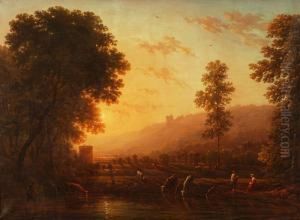Kuhe An Der Tranke Bei Abendstimmung by Victor DeGrailly