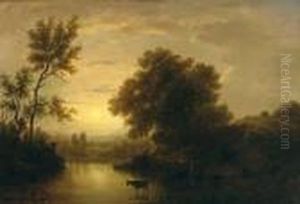Abendliche Seenlandschaft Mit Kuhen An Der Tranke