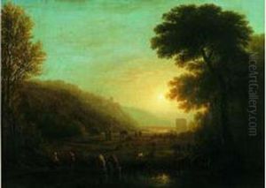 Scene Pastorale Au Coucher De Soleil