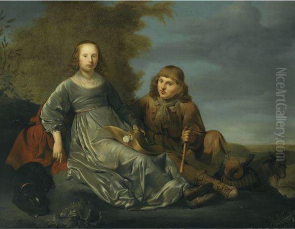 A Young Shepherd Couple Resting In A Landscape - view 1