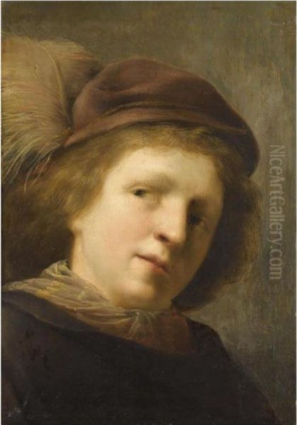 Portrait Of A Young Boy, Head
And Shoulders, With His Head Cockedto The Left And Wearing A Plumed Hat - view 1