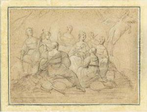 The Muses On Parnassus, With Pegasus Flying Off To The Right