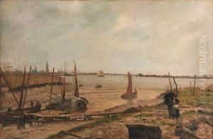 A View Of The River Scheldt Near Antwerp, With Moored Shipping Inthe Foreground by Jean-Baptiste De Greef