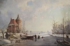 Figures Conversing On A Dutch Waterway by A. J. F. De Groote