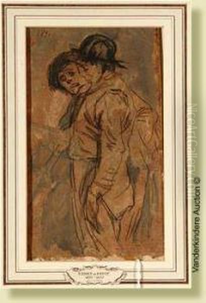 Deuxenfants, Fusain Et Aquarelle Sur Papier - view 1