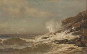 Waves Crashing On A Rocky Shore With A Vessel On The Horizon by Mauritz F. H. de Haas