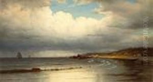 Waves Lapping In A Quiet Cove With Sailboats Offshore by William Frederick de Haas