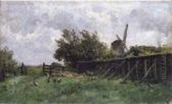 Paisaje Holandes Con Gallinas Y Un Molino Al Fondo - view 1