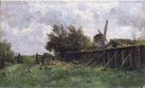 Paisaje Holandes Con Gallinas Y Un Molino Al Fondo by Carlos de Haes