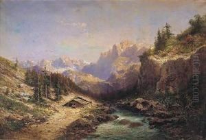 Paisaje Montanoso Con Rio Y Cabana