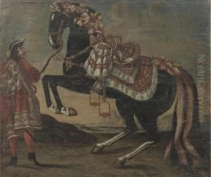 A Rearing Black Stallion, Possibly A 'lipizzaner' With An Elegant Groom Nearby