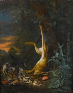 A Dead Hare And Finches With A Spaniel And Hunting Paraphernalia Beneath A Tree by Johann Georg Hamilton