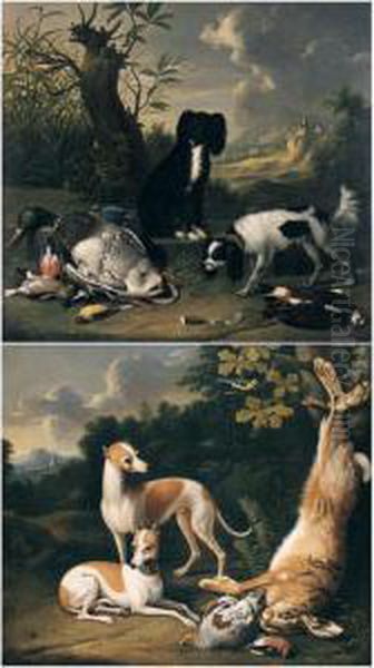 Spaniels Guarding Wildfowl And Songbirds In A Landscape With A Castle In The Distance - view 1