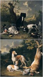 Spaniels Guarding Wildfowl And Songbirds In A Landscape With A Castle In The Distance