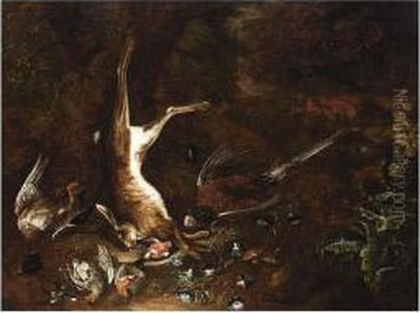A Hunting Still Life With A
Duck, A Hare, A Partridge, A Pheasant, Songbirds, Morning Glory And Fly
Agarics In A Forest - view 1