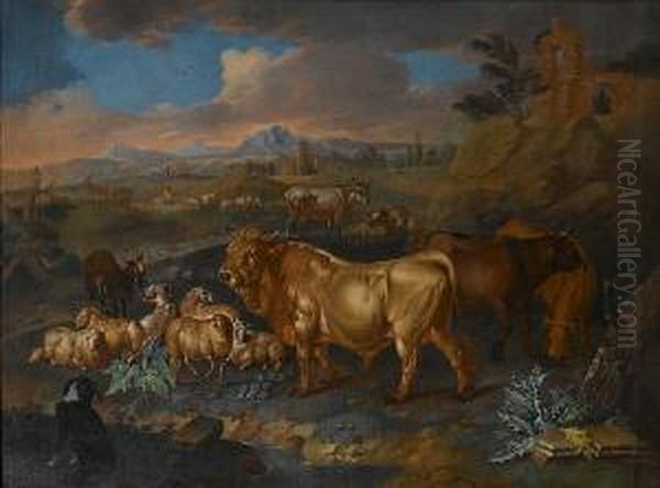 A Landscape With Bulls, Sheep And Goatsgrazing, A Shepherd And His Flock In The Distance - view 1