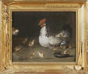 Poule Et Ses Poussins Surpris Par Un Chien by Ferdinand Phillip de Hamilton