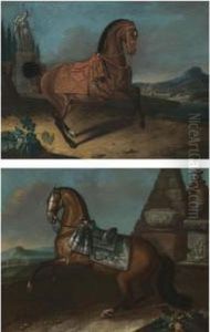 A Pair Of Portraits Of Saddled Bay Stallions In A Landscape