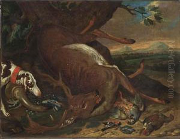 A Hunting Still Life Of A Stag, A
Partridge, A Pheasant, A Kingfisher And A Bullfinch, Together With A
Sporting-dog And A Hunting Horn, All In A Landscape Setting - view 1