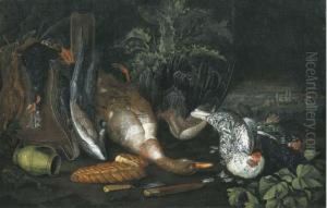 A Partridge, A Dead Duck, A 
Pitcher, Two Knives, A Loaf Of Breadand Hens, On A Forest Floor by Ferdinand Phillip de Hamilton